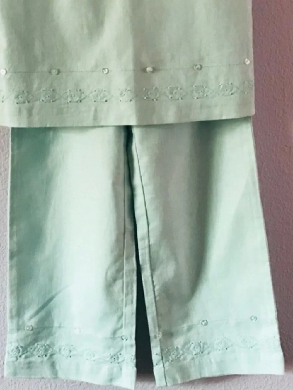 Vintage Light Blue Embroidered Linen Two-Piece Set